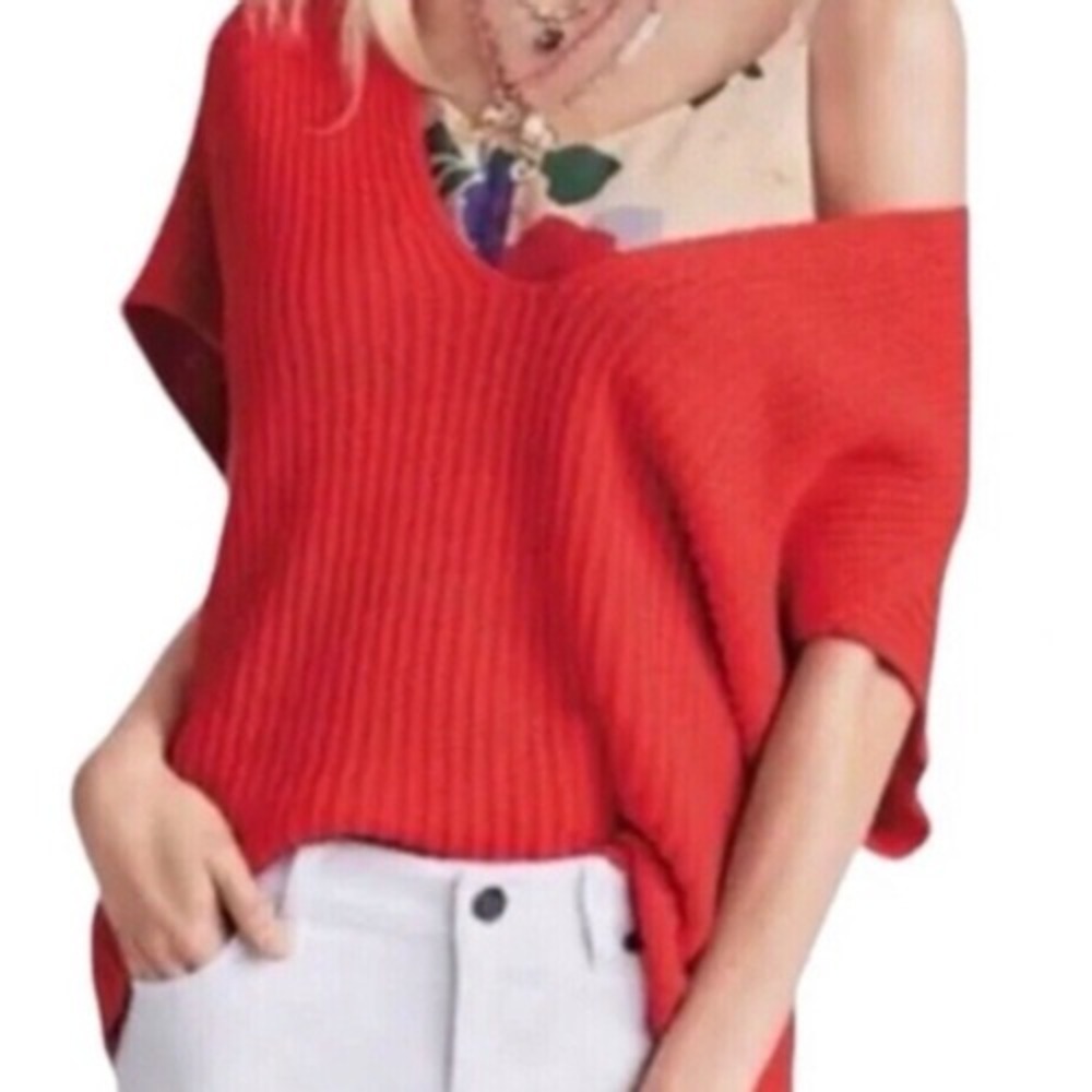 Cabi #5837‎ Women's S Oversized Knit Ruby Pullover Short Sleeve Red/Orange